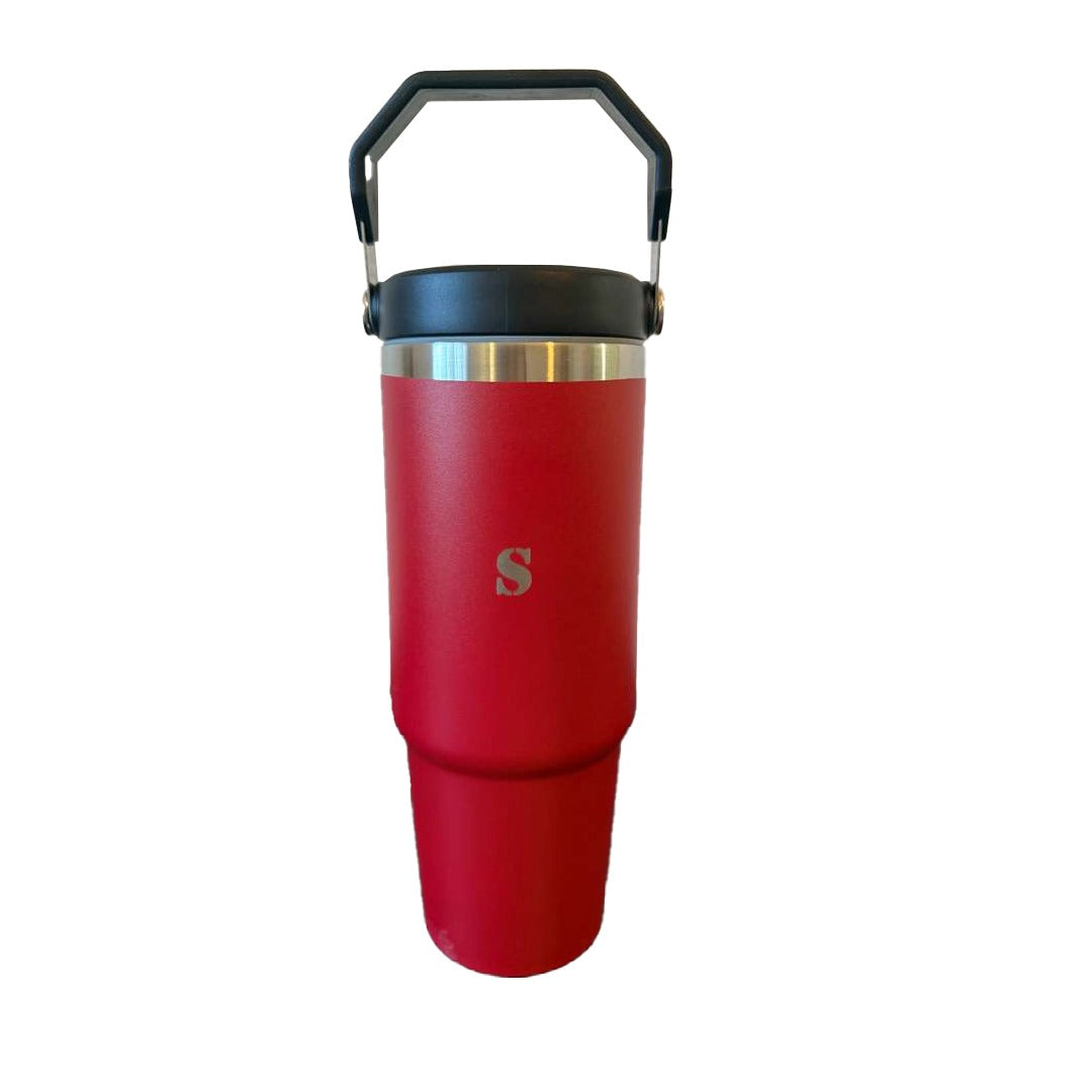 30oz Double Wall Stainless Steel Tumbler with Handle & Straw – Insulated Travel Mug for Coffee, Tea & Water | Leak-Proof BPA-Free Lid | Perfect for Car, Office, Camping & Gifts - Red