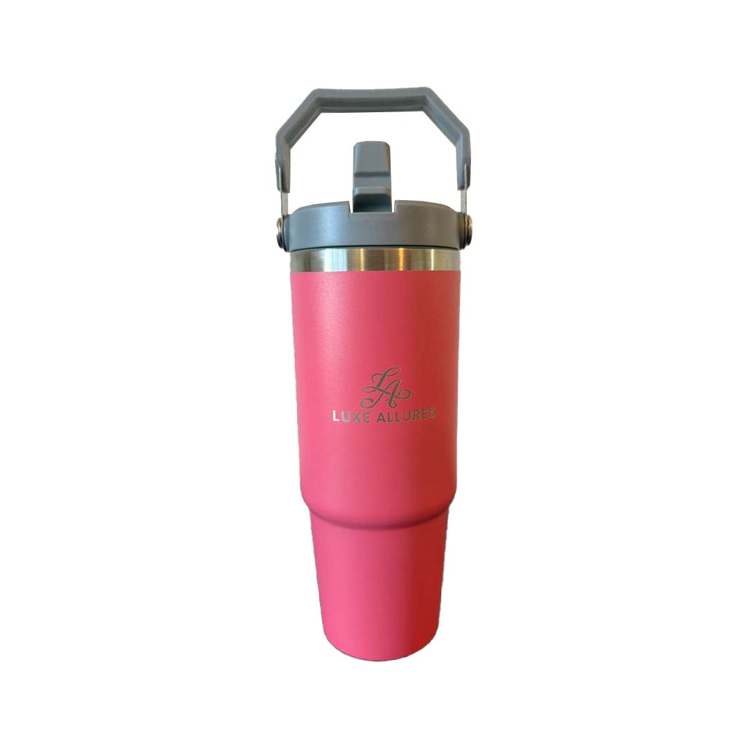 30oz Double Wall Stainless Steel Tumbler with Handle & Straw – Insulated Travel Mug for Coffee, Tea & Water | Leak-Proof BPA-Free Lid | Perfect for Car, Office, Camping & Gifts - Pink