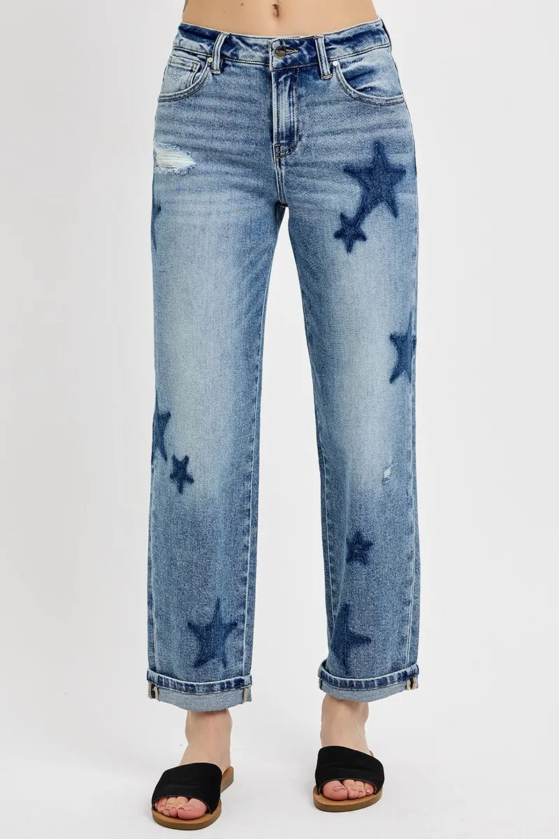 Star Shadow Detail Cuffed Jeans Plus Size