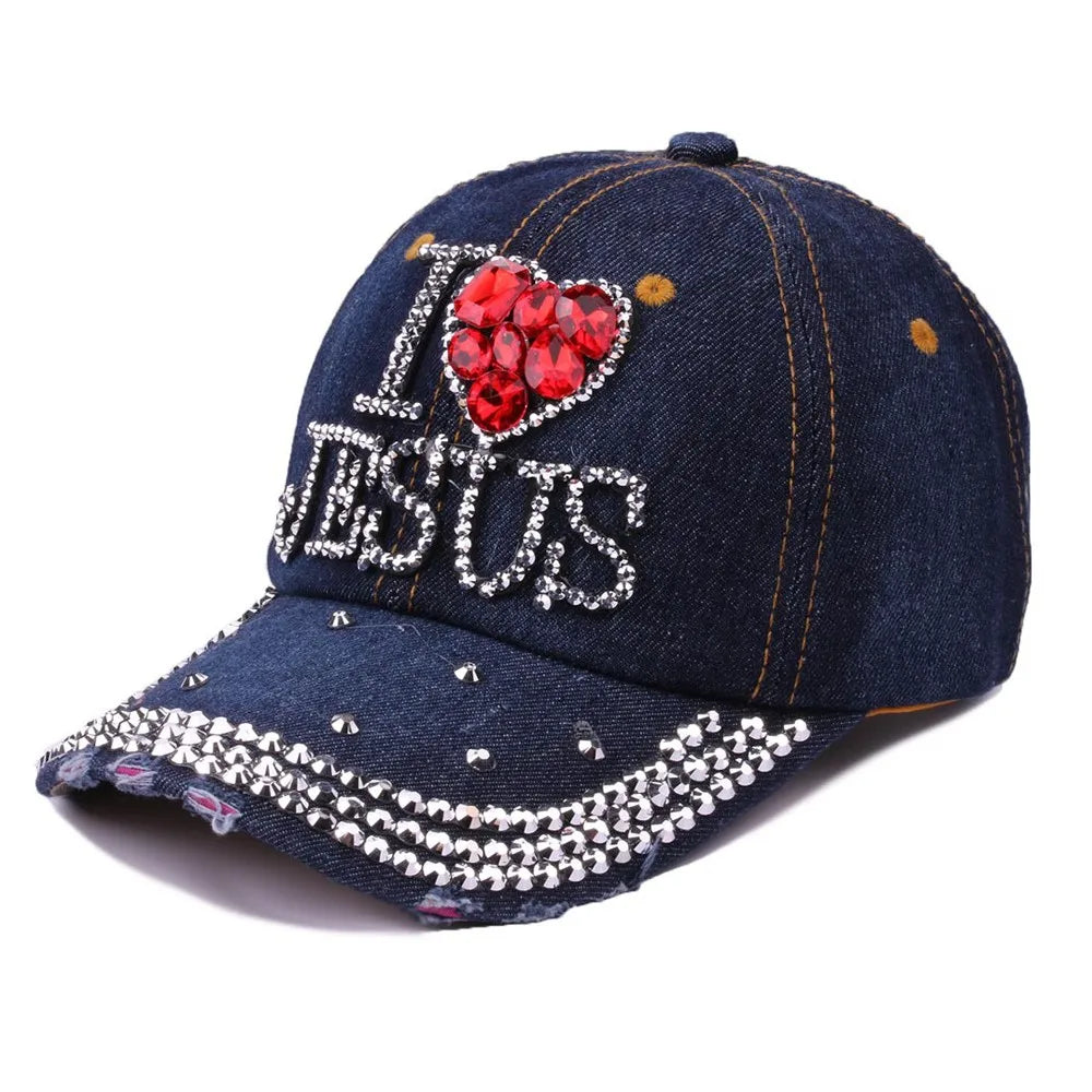 Unisex Rhinestone Baseball Cap – Denim, Letter Print