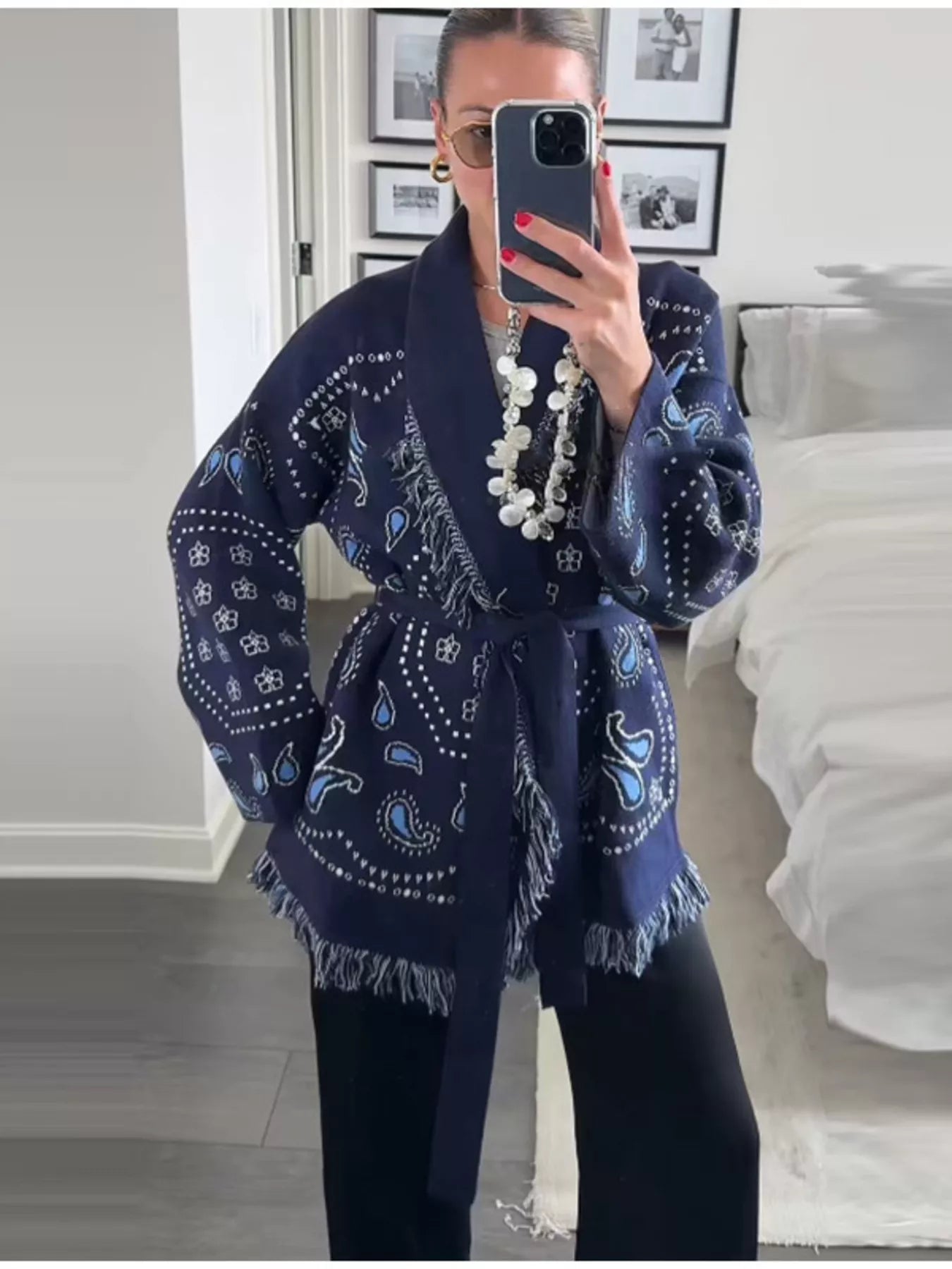 Luxe Allures Printed Fringe Long Sleeve Boho Cardigan Sweater Open Front Jacket