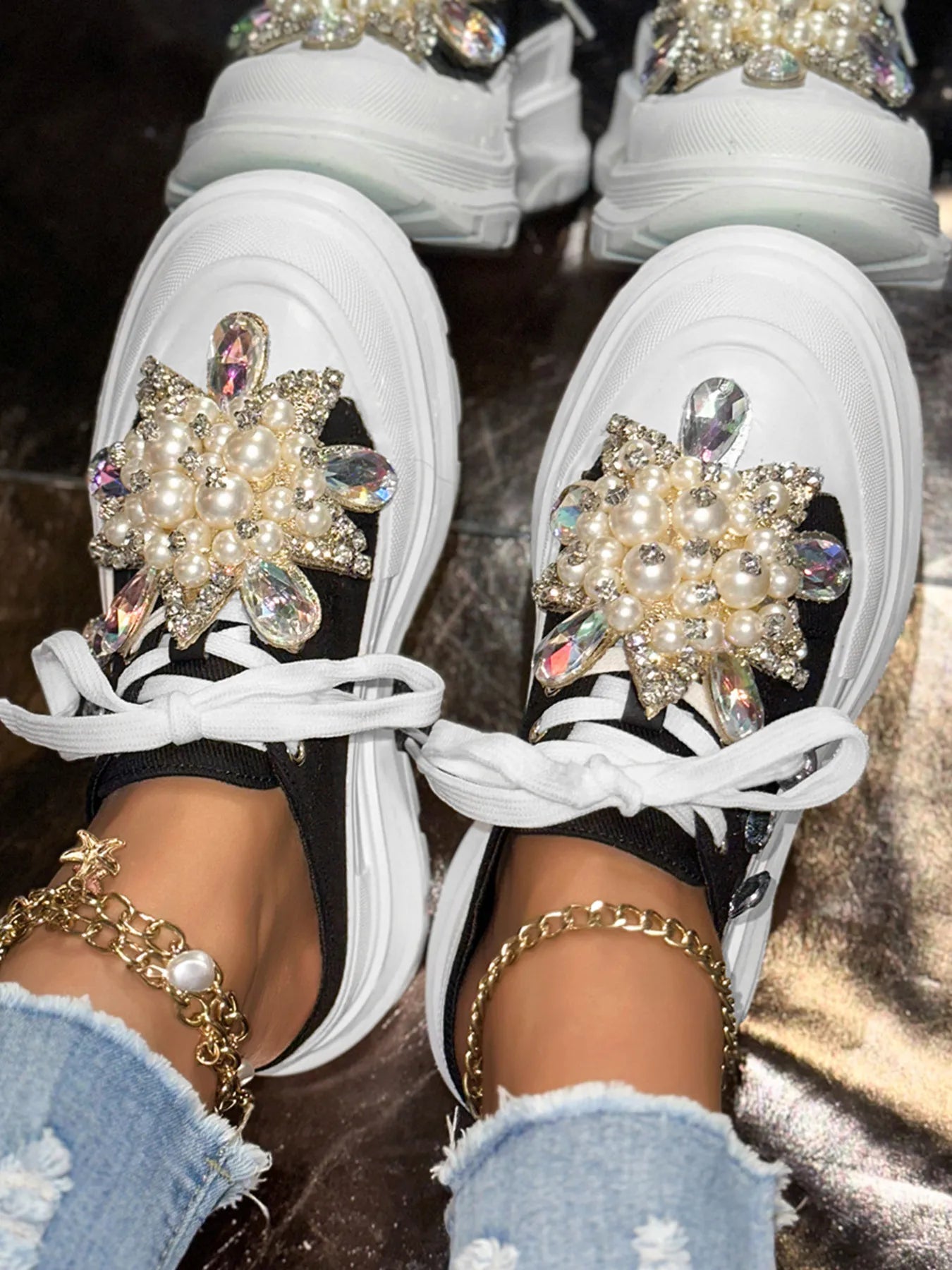 Pearl Embellished Platform Slip-Ons